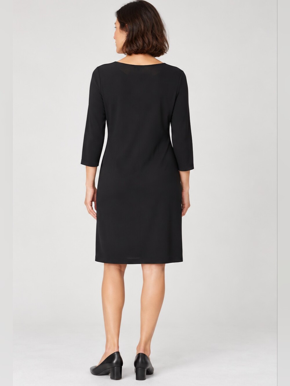 Eileen Fisher Black V-Neck Stretch Crepe 3/4 Sleeve Dress Sz S - Picture 3 of 6